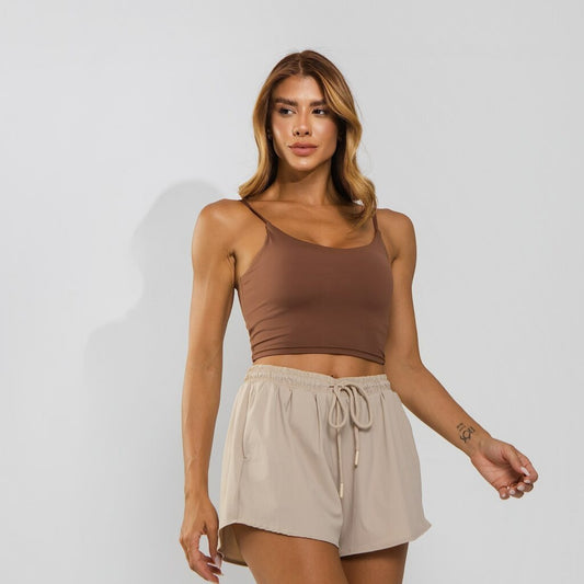 Conjunto Top + Shorts Fitness com Soutien Embutidotecido Duplo Premium Alta Compressão Chocolate TP1852