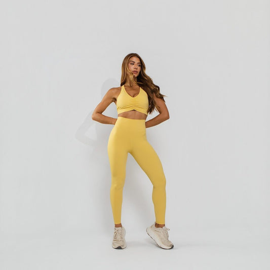 Conjunto Top + Calça Legging Fitness Tecido Alta Elasticidade Premium Bojo Embutido Amarelo