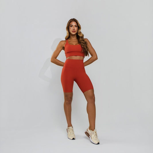 Conjunto Top + Shorts Fitness Tecido Duplo Texturizado Premium Bojo Embutido Laranja