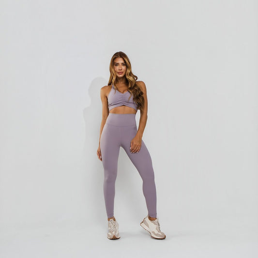 Conjunto Top + Calça Legging Fitness Tecido Alta Elasticidade Premium Bojo Embutido Lilás