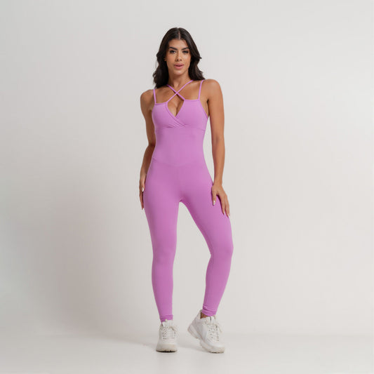 Macacão Fitness Lilás Transpassado Sem Costura