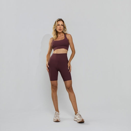 Conjunto Top + Shorts Fitness Tecido Duplo Texturizado Premium Bojo Embutido Lilás